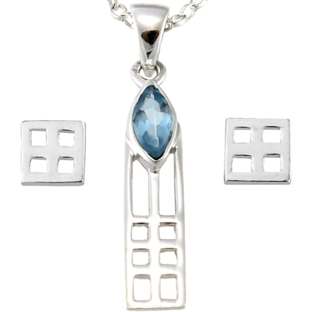 Women's Sterling Silver Mackintosh Blue Topaz Necklace & Earrings Gift Set